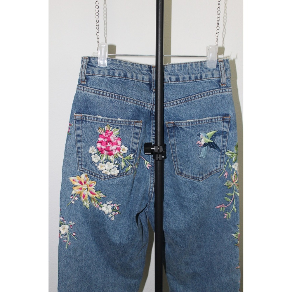 Topshop Moto Mom Jeans 25x32 Floral Hummingbird Embroidered High Rise No Stretch - Picture 6 of 12